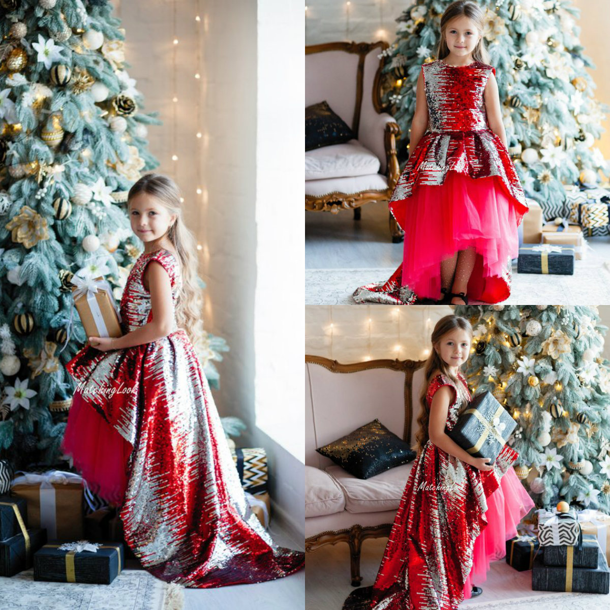 Christmas Flower Girl Dresses Sweep Train Sequins Jewel Neck A Line Girls Princess Dress Custom Made Cute Kids Formal Gowns Appliques