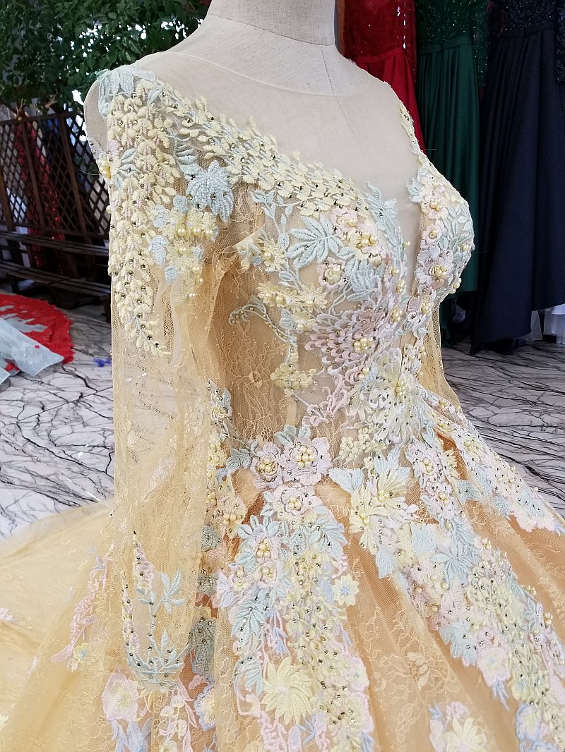 Vestido de Noiva Appliques Lace Princess Champagne Wedding Dresses 2020 Long Sleeves Embirodery Ball Gown Arabic Bridal Dress
