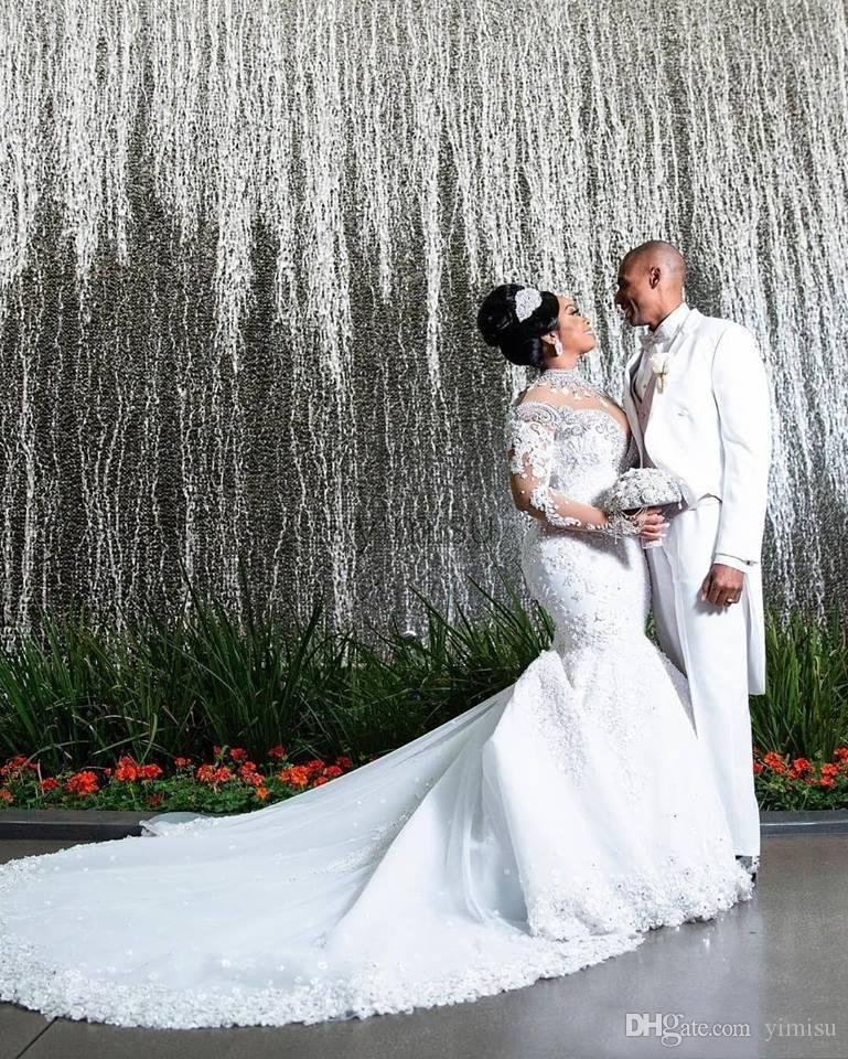 Plus Size Mermaid Dresses African Beaded Jewel Neck Chapel Train Long Sleeves Wedding Dress Bridal Gowns vestidos de novia