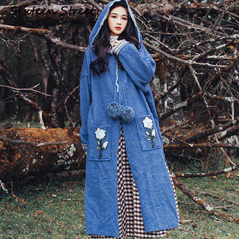 Boho Gray Blue Long Sweater Coat Woman Rose Embroidery Pocket vintage chic fashion knitter Coat with hooded female Autumn cloth
Boho Gray Blue Long Sweater Coat Woman Rose Embroidery Pocket vintage chic fashion knitter Coat with hooded female Autumn cloth