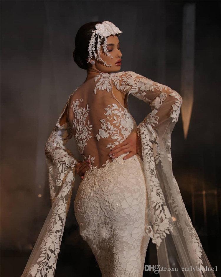 2020 Vintage Mermaid Wedding Dresses Jewel Neck Appliqued Lace Sweep Train Long Sleeve Bridal Gowns Custom Made Boho Vestidos De Novia