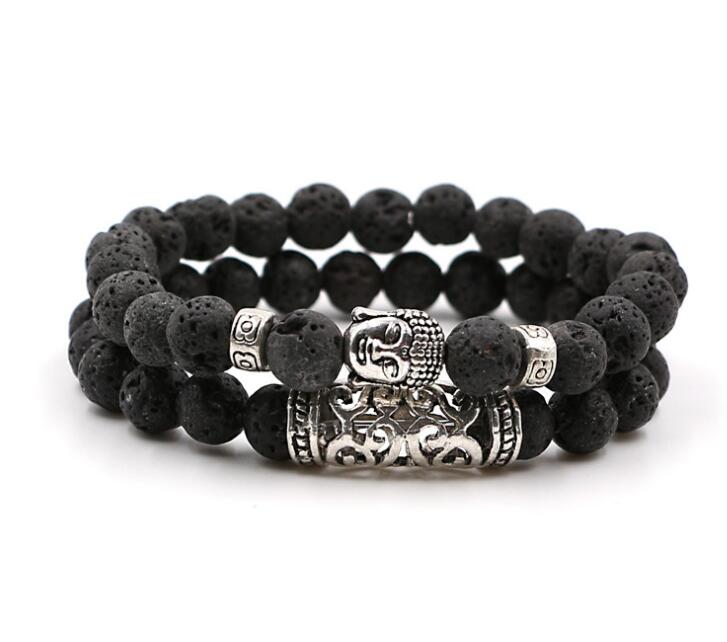 Natural Stone Set Bracelet (2 pieces) 8mm Lava Rock Essential Oil Diffuser Bracelet Charm Men's Couple Bracelet