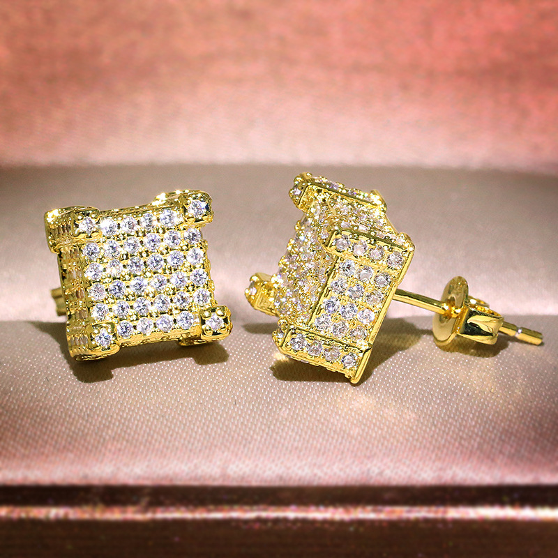 Hip Hop Men Women Square Stud Earrings New Style White Zircon Roce Earrings 18k Gold Plated 925 Sterling Needle Jewelry Wholesale