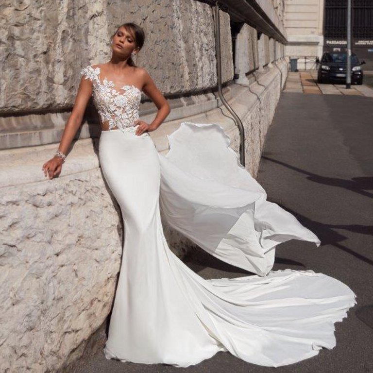 Julie Vino Mermaid Dresses with Wrap One Shoulder Lace Appliques Bridal Gowns Sweep Train Wedding Dress vestido de novia
