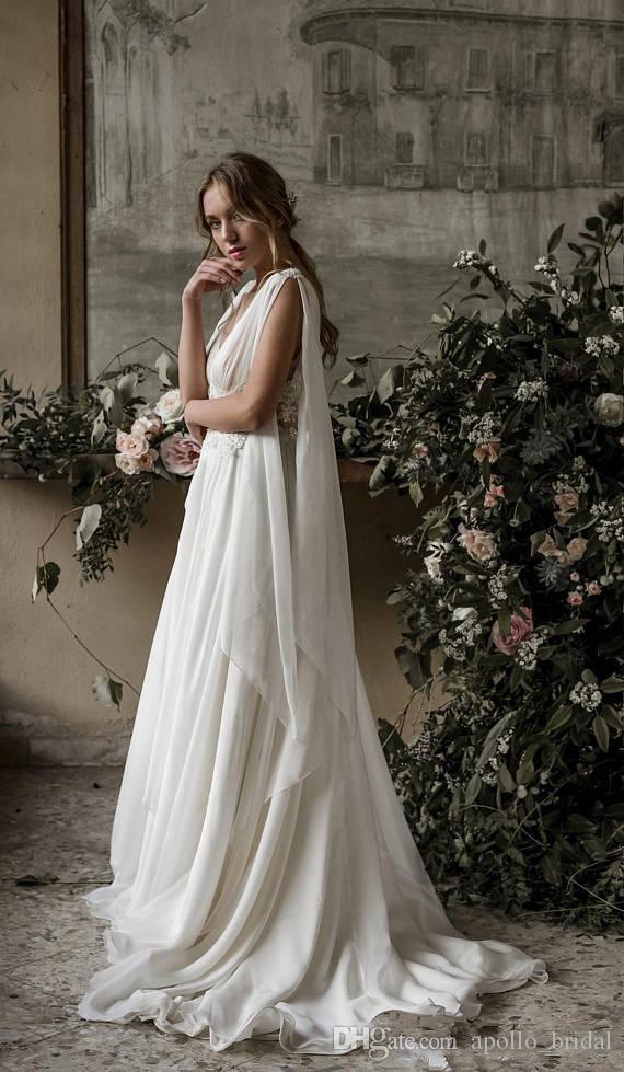 Beach A Line Wedding Dresses Boho V Neck Chiffon Sweep Train Backless Lace Applique Chiffon Backless Plus Size Wedding Dress Bridal Gowns