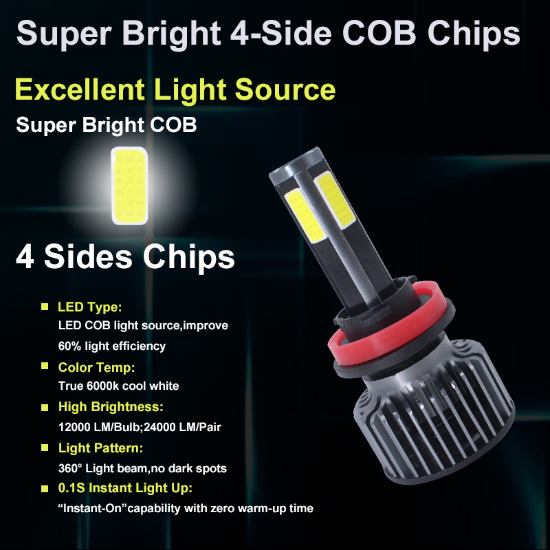 GT4 Car LED Headlight 4-Side COB Chips H1 H7 Super Bright High Low Beam Bulbs 10000LM Car Modification Auto Lamp 6000K