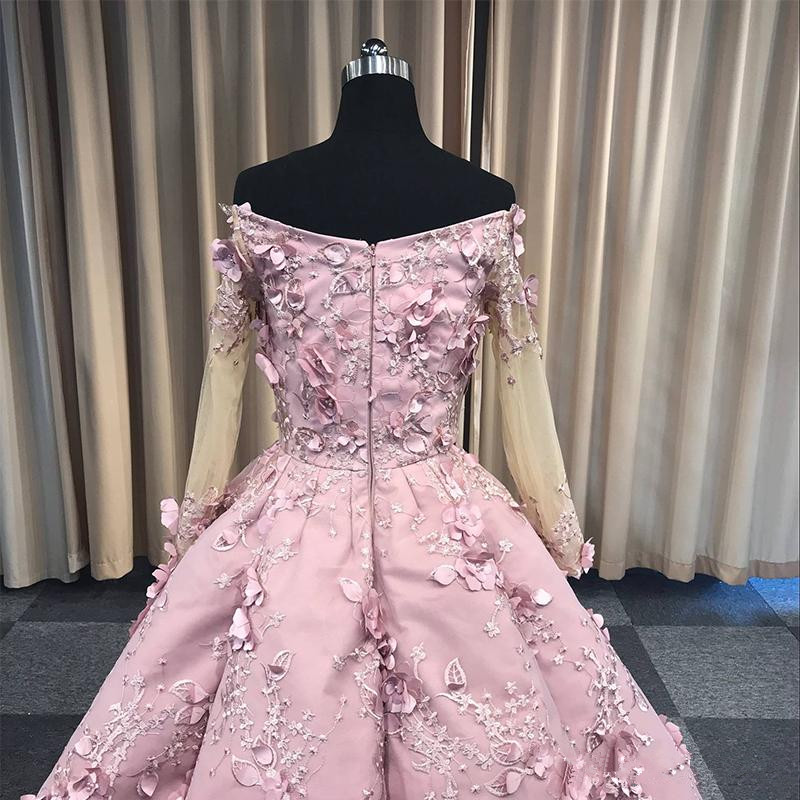 2020 Pink Off Shoulder Prom Dresses Real Image 3D Floral Appliqued Beads Long Sleeve Sexy Women Occasion Pageant Evening Gowns Custom Made