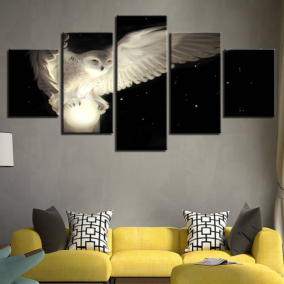 Art Modular Painting 5 Pieces White Owl Poster Decoration Home Living Room HD Printed Animal Picture On Canvas (No Frame)