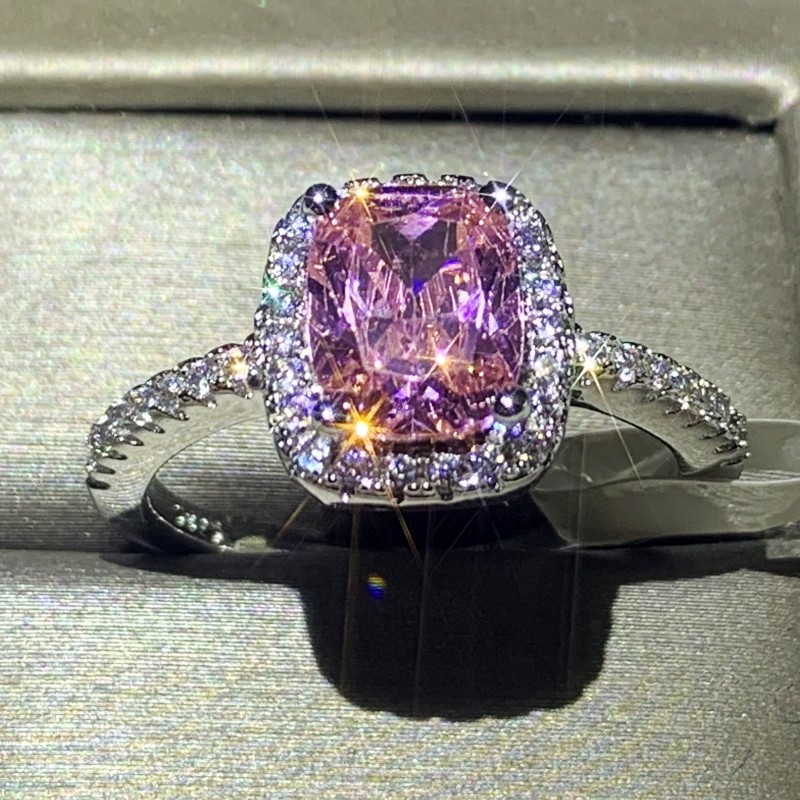 Stunning High Quality Luxury Jewelry 925 Sterling Silver Pink Sapphire CZ Diamond Gemstones Eternity Party Women Wedding Band Ring Gift