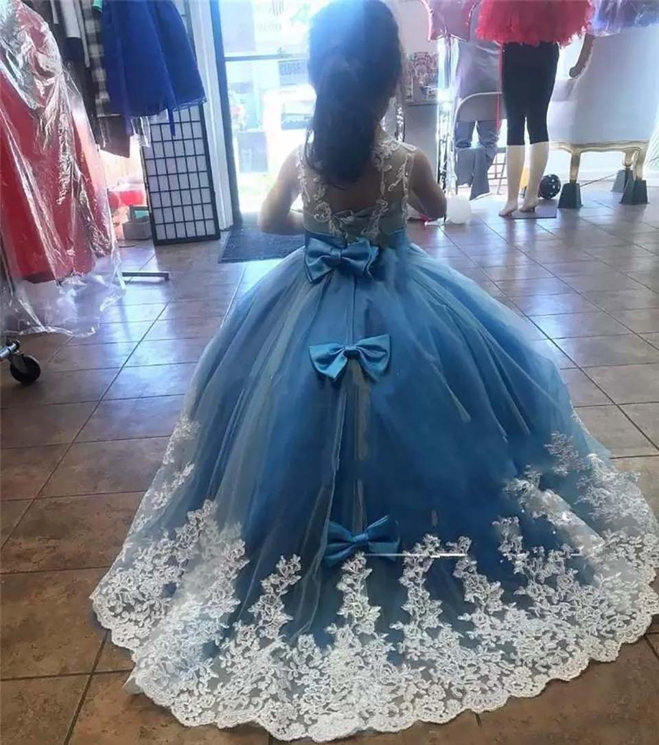 New Cheap Girls Pageant Dresses Cute Jewel Neck Lace White Appliques Sleeveless Sash Bow Ball Gown Kids Birthday Flower Girls Dresses