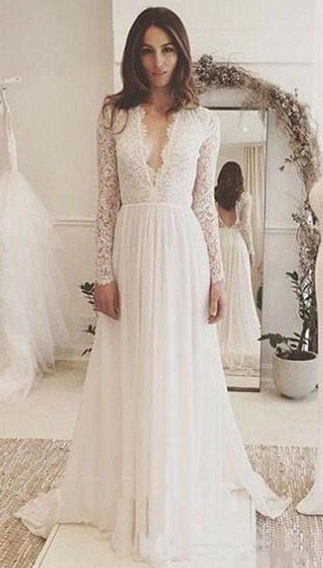 Chic 2019 Lace Country Wedding Dresses Long Sleeve Backless Bohemian Beach Cheap Deep V Neck Chiffon Long Boho Bridal Gowns Cheap