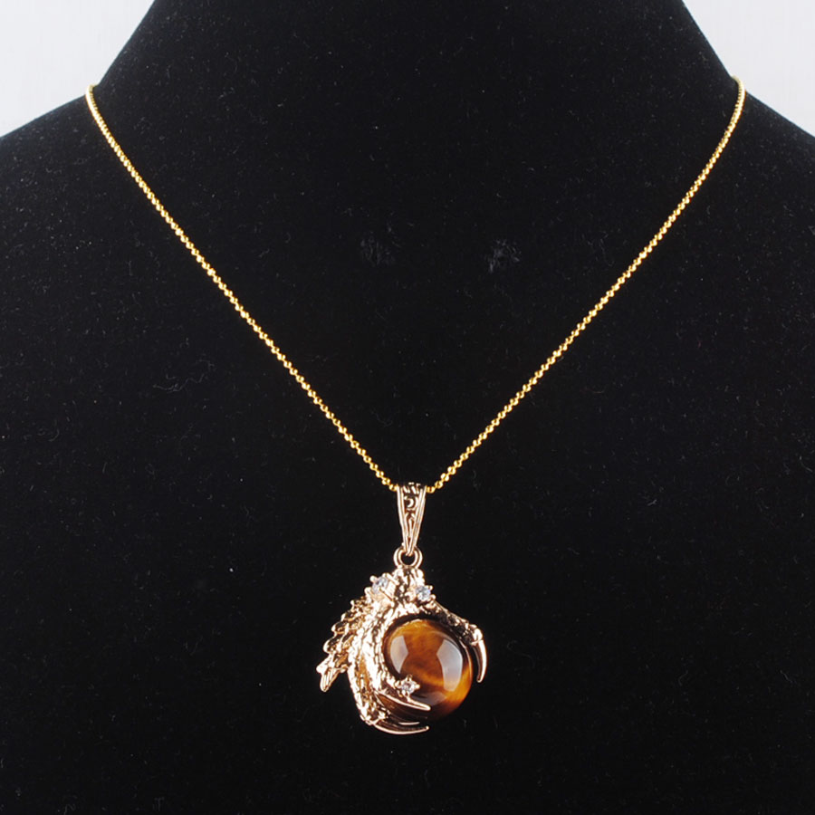 WOJIAER Natural GemStones Gold Colors Dragon Claw Pendant & Necklace Round Tigers Eye Bead Jewelry BN308
