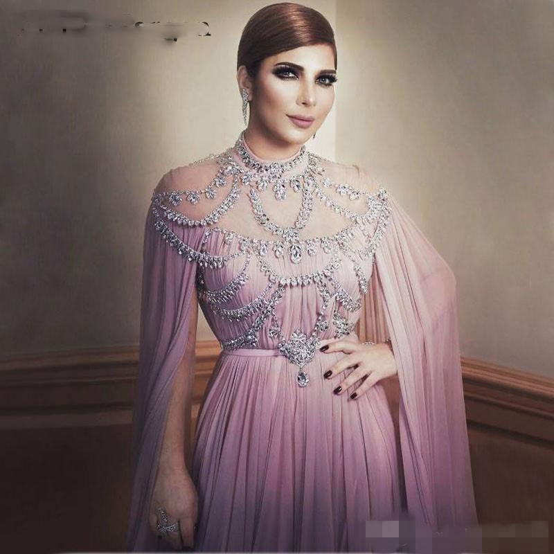 Beaded Crystal Arabic Prom Dresses High Sheer Neck Long Juliet Sleeves A E Formal Evening Wear Party Gowns Vestido De Noche vening