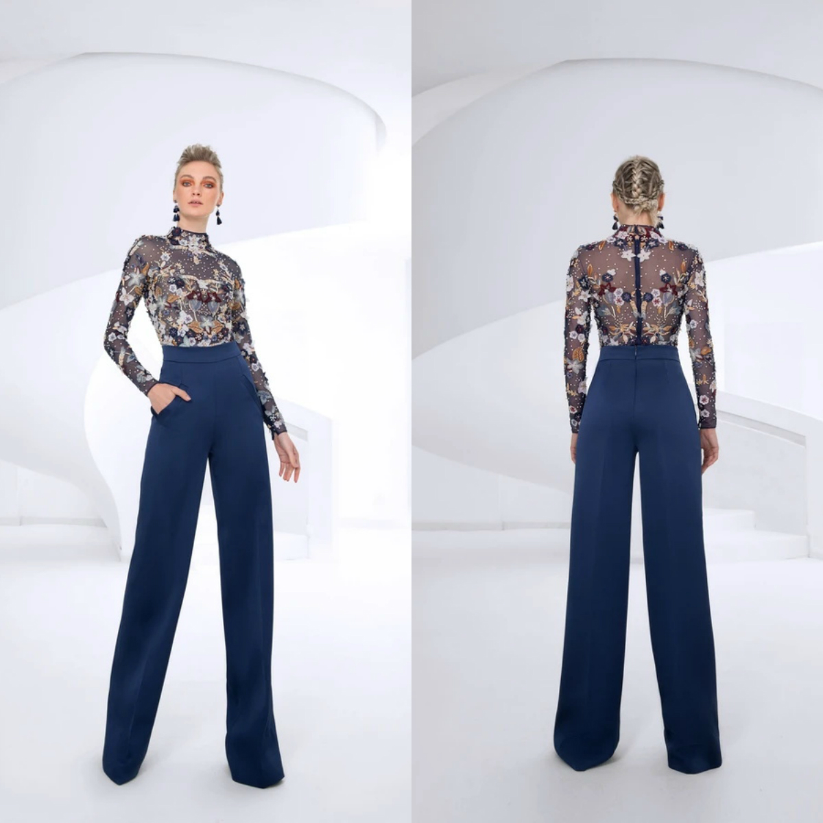 Fashion Women Jumpsuits High Neck Lace Appliques Long Sleeve Pants Suit Prom Dresses Custom Made Designer Evening Gowns