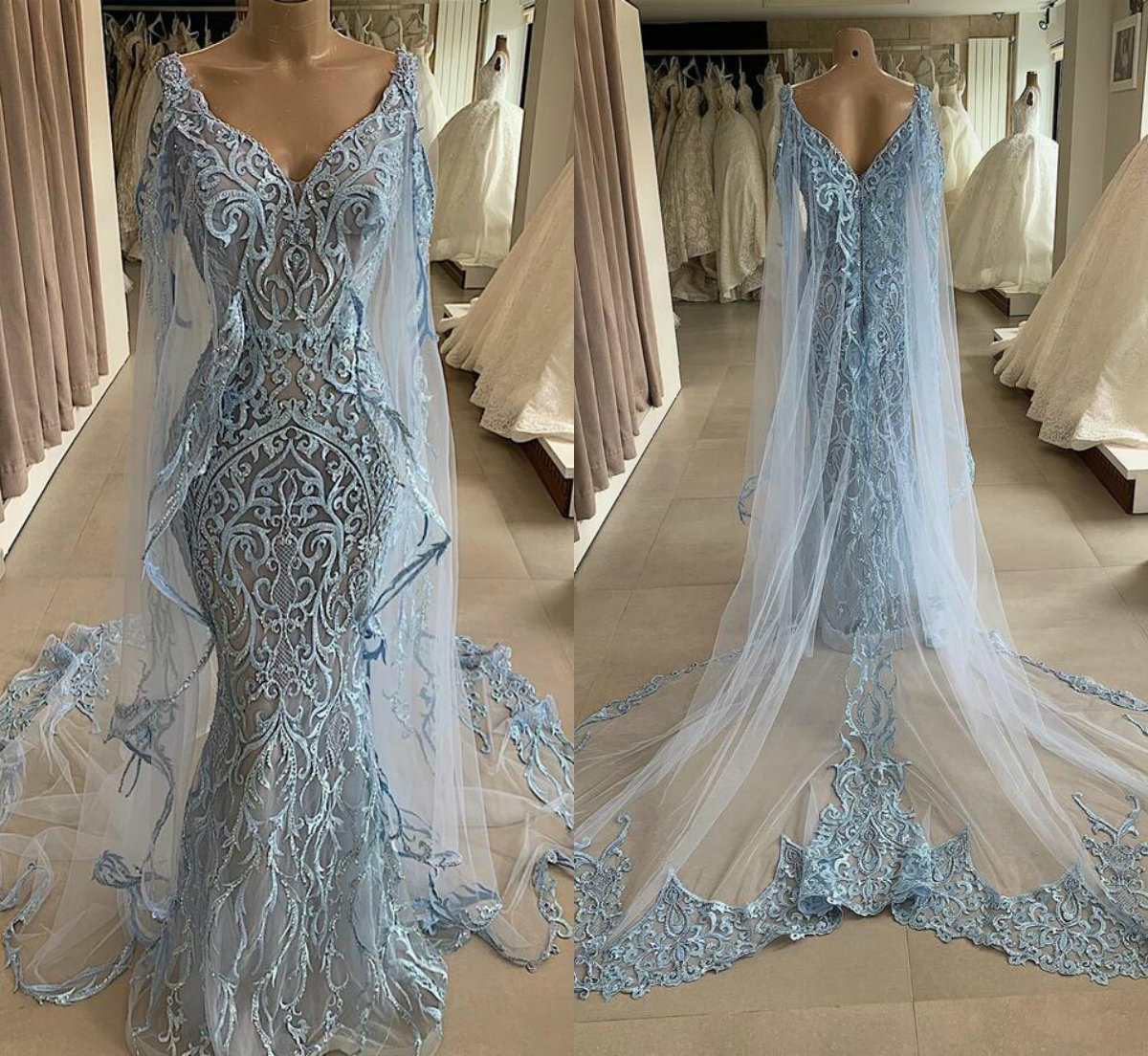 Elegant Mermaid Prom Dresses With Wrap Lace Appliqued V Neck Beads Light Blue Evening Gowns Long Formal Glitz Pageant Dress