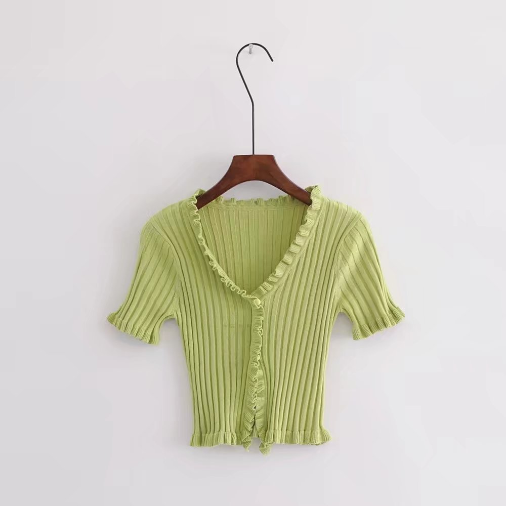 2019 Autumn Knit Sweater Female Women Ruffle Trim Crop Knit Cardigan With Short Sleeve Deep V Neck Crop Casual Jumper Pu