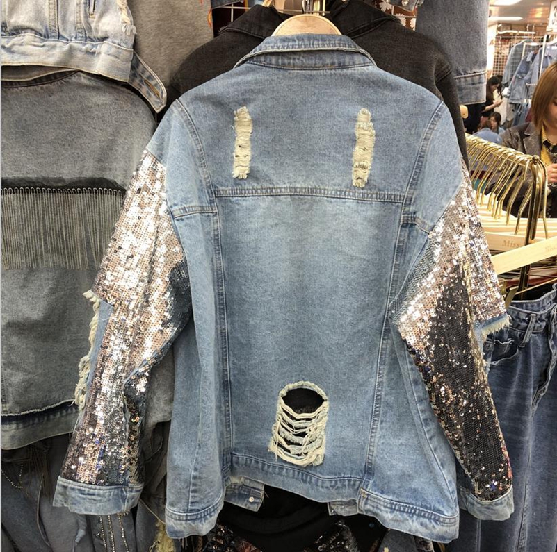Mexemara Fashion The New Heavy Work Sequin Loose Hole Denim Jacket Free Ship