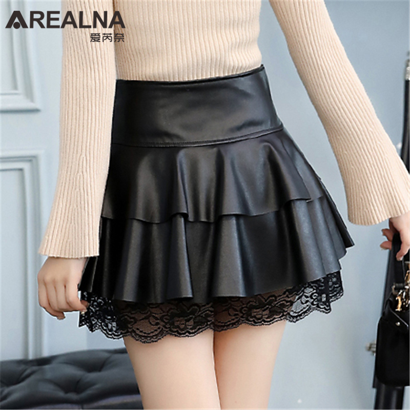 Womens Ruffles High Waist Skirt Autumn Female Sexy Party Black Pu Leather Short Skirts Lace Patchwork Mini Tutu Skirts Plus Size Y19042602