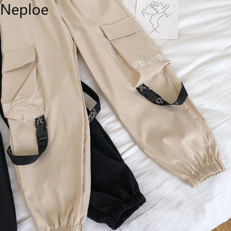 Neploe Hip Hop Streetwear Women Cargo Pants High Waist Pockets Ribbon Trousers Female Loose All Match 2019 New Fashion 90230