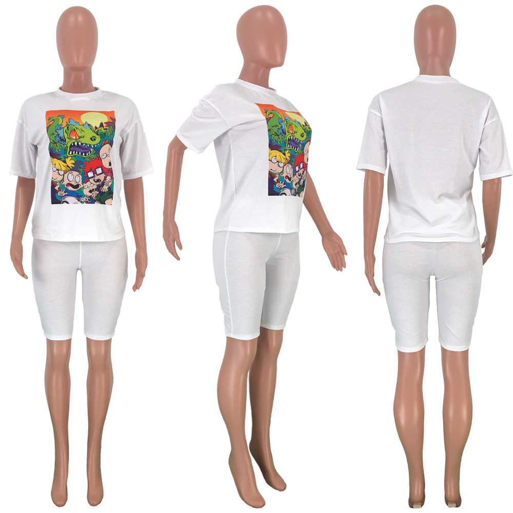 Spot Tracksuits European-style spring and summer fashion street cartoon printing casual loose two-piece suit support mixed batch