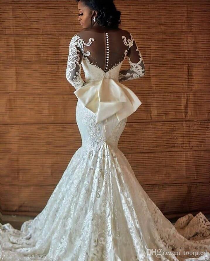 Plus Size African Mermaid Wedding Bridal Dresses With Back Bow Beading Long Sleeves Bridal Gowns Nigerian Wedding Dress Cheap