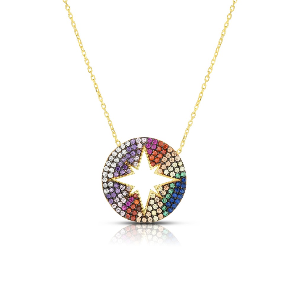 Gold plated high quality micro pave cz north star engraved rainbow colorful zirconia fashion women necklace