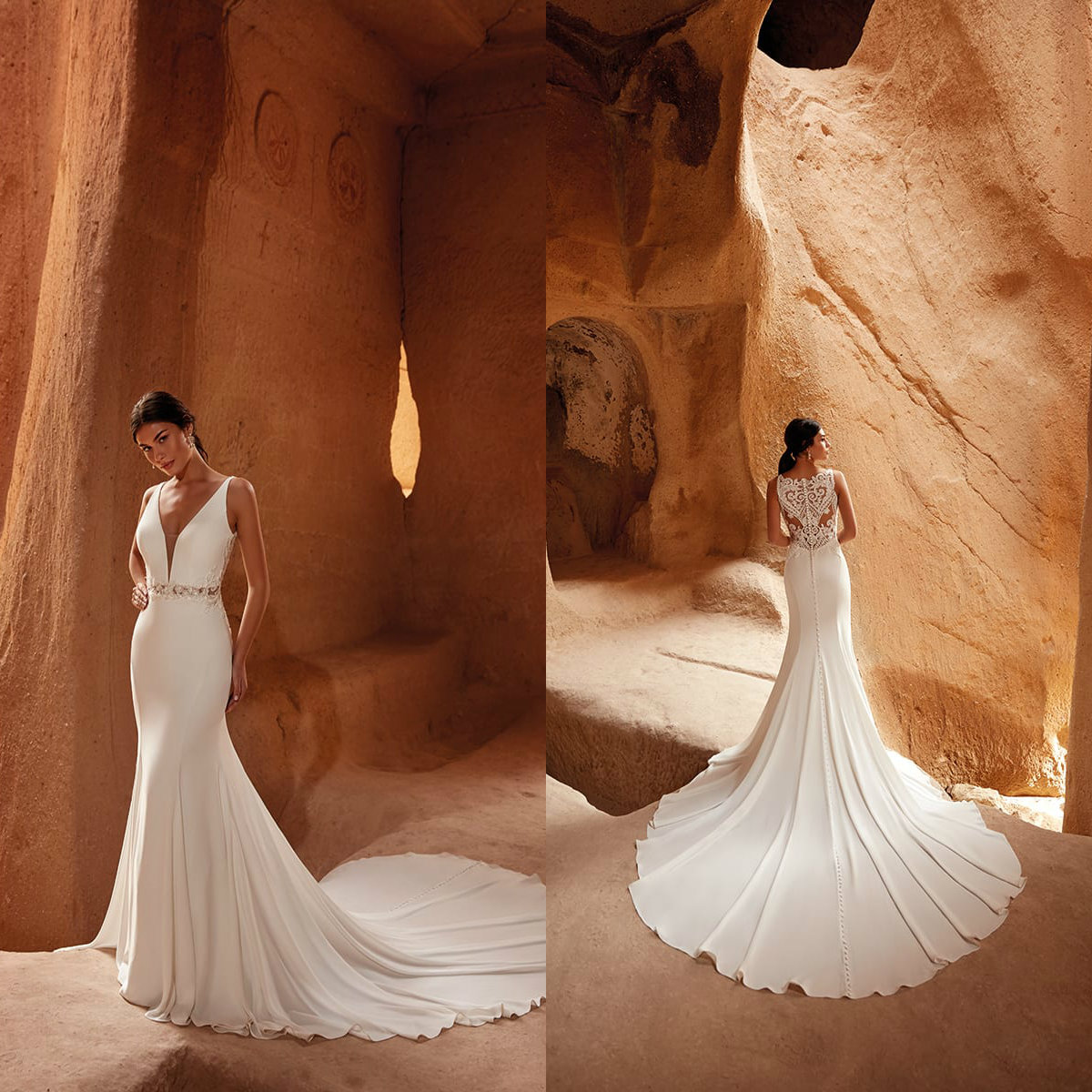 Eddy K 2021 Wedding Dresses V Neck Button Back Lace Satin Bridal Gowns Custom Made Lace Appliques Sweep Train Mermaid Robe De Soiree, Champagne
Eddy K 2021 Wedding Dresses V Neck Button Back Lace Satin Bridal Gowns Custom Made Lace Appliques Sweep Train Mermaid Robe De Soiree, Champagne