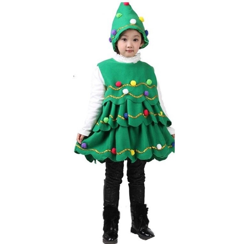 Children Christmas Tree Costume with Hat Set Tiered Wave Hem A-line Ruffle Mini Dress with Balls Teenage Kid Unisex Cosplay Outfit Plus Size