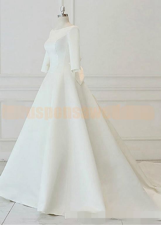 2020 Simple Satin Wedding Dresses 3/4 Long Sleeves Bow Lace Up Back Cathedral Train Wedding Gown Custom Made Vestido de novia
