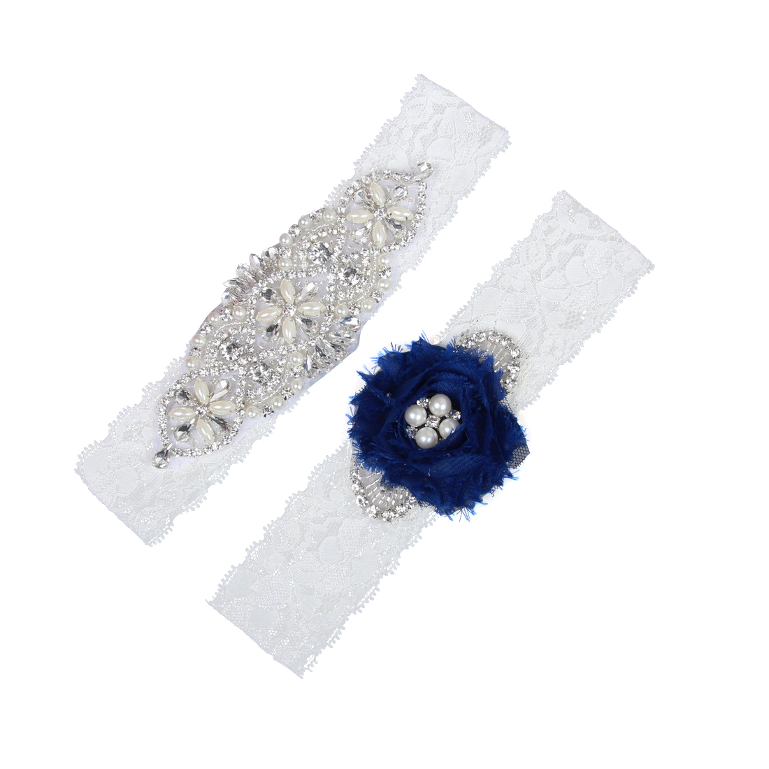 Bridal Garters Blue Chiffon Flowers Crystal Beads 2pcs Set Handmade White Lace For Bride's Wedding Garters Leg Garters Plus Size 18020