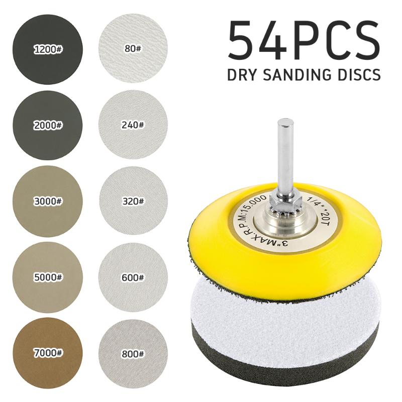 

54pcs 3Inch Sanding Disc Set 1/4inch Shank+Foam Cushion+Dry&Wet Sanding Discs 80/240/320/600/800/1200/2000/3000/5000/7000 Grits