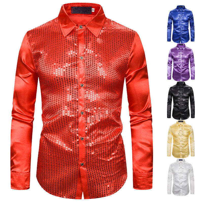 autumn new Sequin show night club host emcee gilt men's Lapel Long Sleeve Shirt Men's Party Wear Shirts