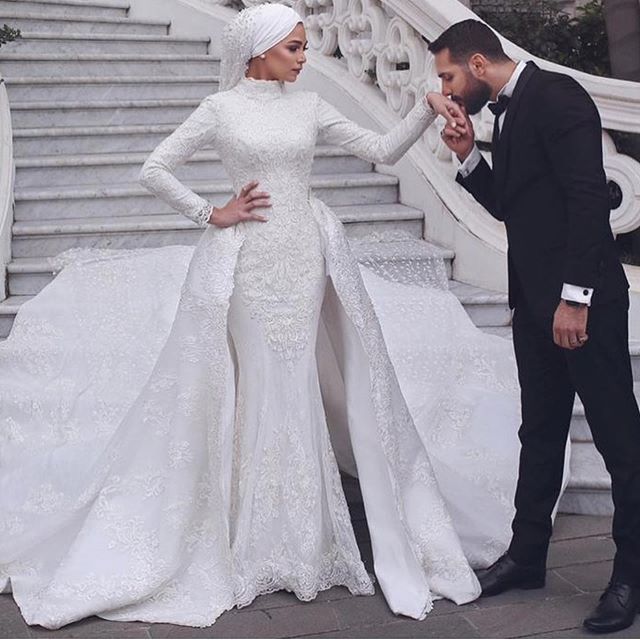 mermaid with detachable train wedding dress applique court train bridal dress high collar long sleeve custom made vestidos de novia
