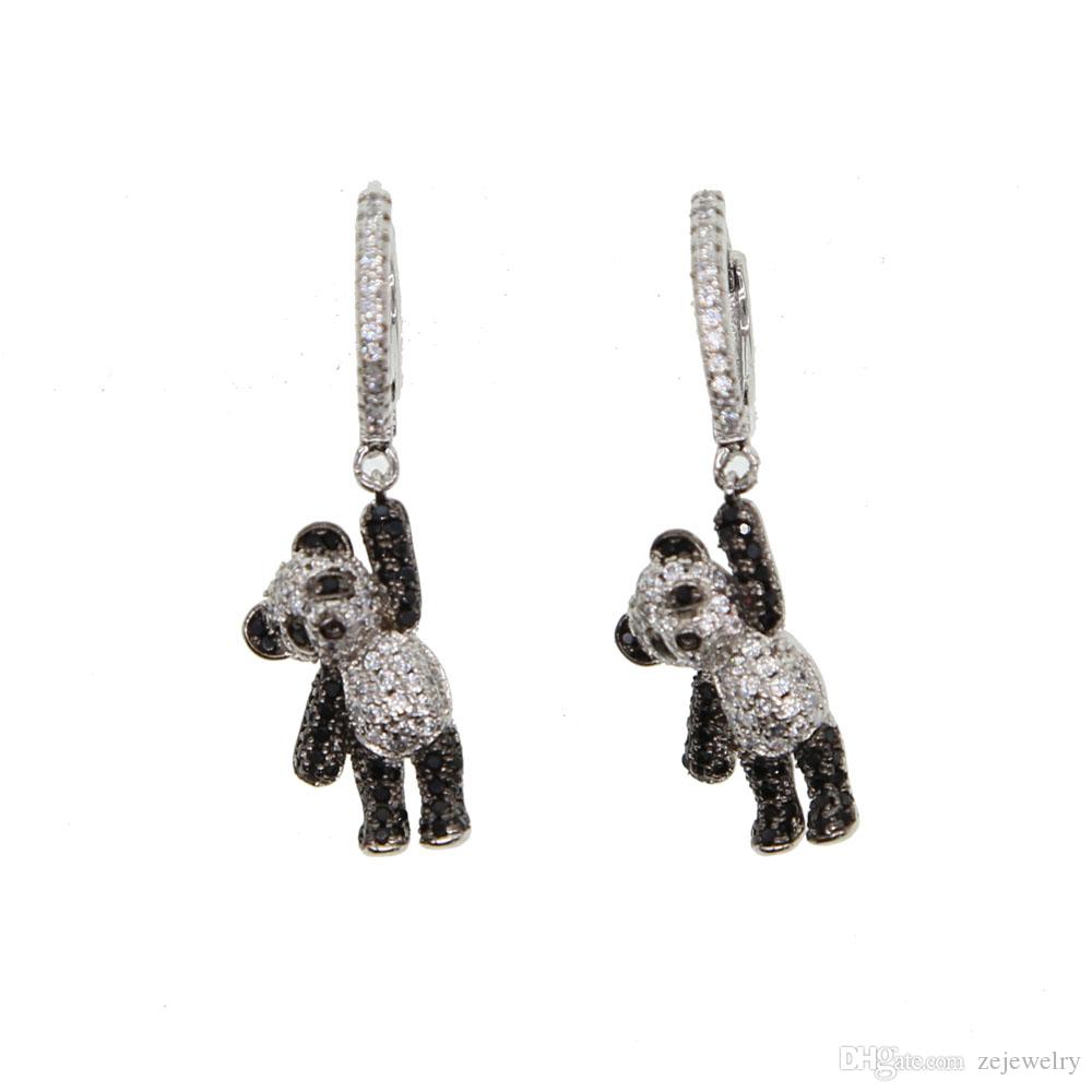 2018 Free shipping Korea New Fashion Cartoon Cute Panda Metal Earring with clear tiny CZ For Women lovely girl Animal earring Luxury Jewelry