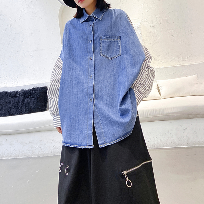 Women Denim Striped Split Joint Big Size Blouse New Lapel Long Sleeve Loose Fit Shirt Fashion Spring Autumn 2020 V821, Black
Women Denim Striped Split Joint Big Size Blouse New Lapel Long Sleeve Loose Fit Shirt Fashion Spring Autumn 2020 V821, Black