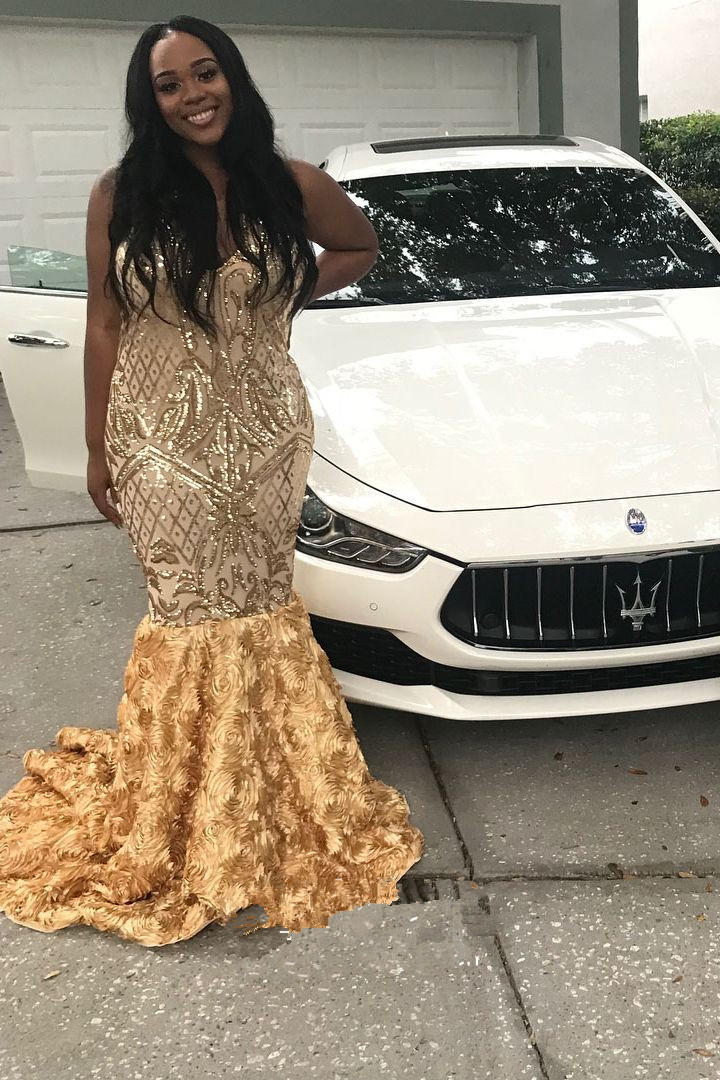 Hot African Mermaid Prom Dresses 2019 Gold Sequined Formal Evening Gowns Floral Pattern Pageant Party Dress Plus Size