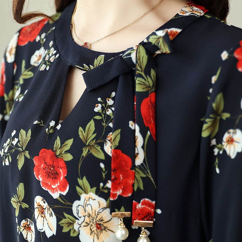 Fashion-New flower printing Women Blouses shirt flare Sleeve Chiffon women's clothing casual V Collar bow women tops Blusas