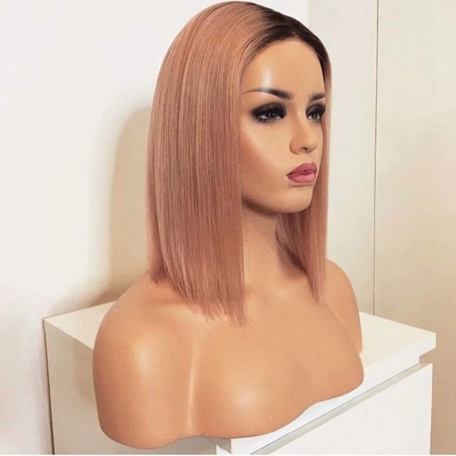 Hot Popular Natural Looking Ombe Pink Short Bob Middle Part Synthetic Wigs with baby hair Lace Front Wigs for American Black Women