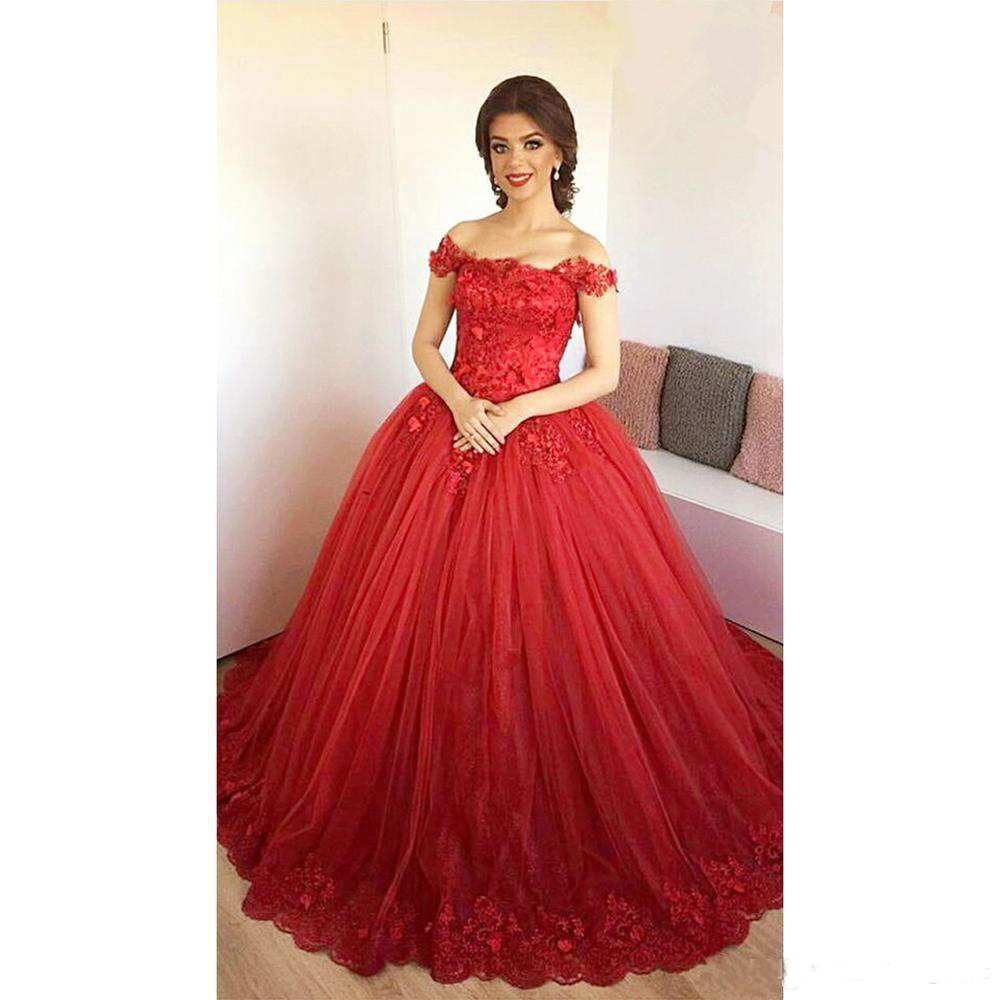 Charming Ruby Bridal Gowns Ball Gown Lace Appliques Tulle Wedding Dress Sweep Train Vestido De Noiva 0521
