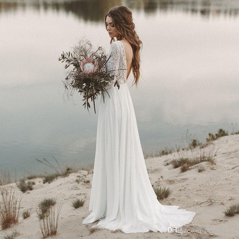bohemian beach wedding dresses chiffon a line backless lace boho v neck wedding dress long sleeve bridal gowns robe de mariee