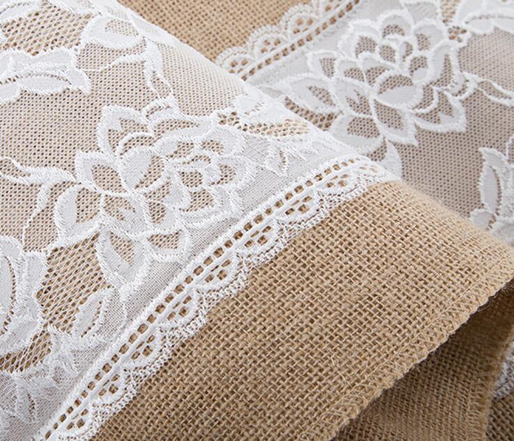 Linen Lace Table Runner Vintage Burlap Cloths Natural Jute Country for Party Wedding Decoration