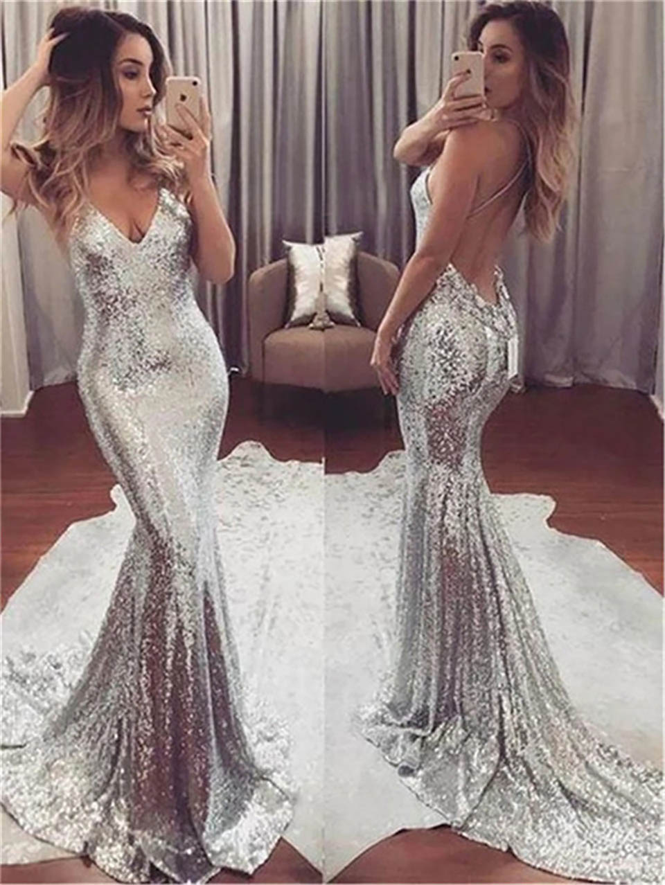 Sexy Backless Sequin Mermaid Evening Dress Sparkly Spaghetti Straps Evening Gowns With Slit Vestido de Festa