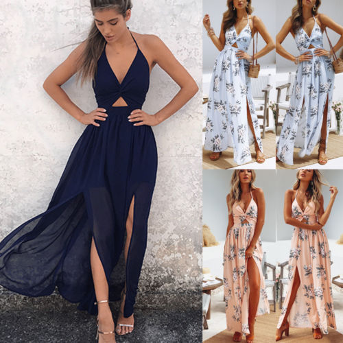 Boho Sleeveless Chiffon Party Evening Beach V-neck Floral Backless Women Summer Dress Dresses Long Maxi Dress Sundress