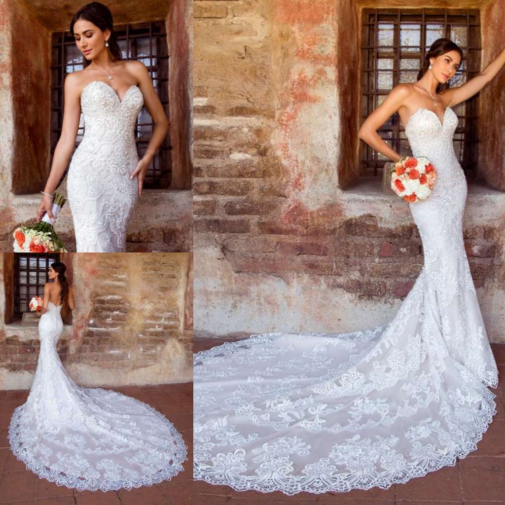 Kitty Chen 2019 Mermaid Lace Wedding Dresses Backless Beaded Sweetheart Neckline Appliqued Beach Bridal Gowns Court Train Wedding Dress
