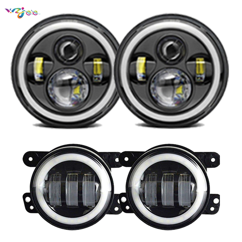 7inch 60W Round LED Headlights H4 Auto Halo Ring DRL Hi/Low Beam + 4inch LED Auxiliary PassingFog Lights For Jeep Wrangler JK CJ