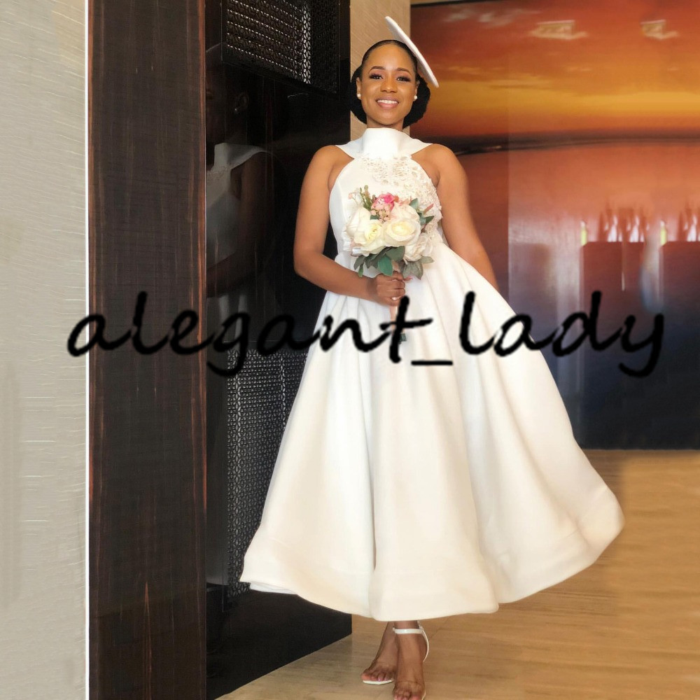 Tea-length Stain Bridesmaid Dresses with Bow 2020 African Halter Lace Sequins Plus Size Beach wedding guest gown Vestidos De Fie
