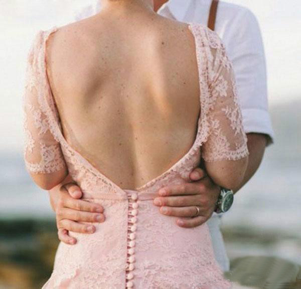 Latest Blush Pink Beach Dresses Lace Garden Bridal Gowns With Sleeve Full Length Backless Boho Vintage Country Wedding Dress 0521