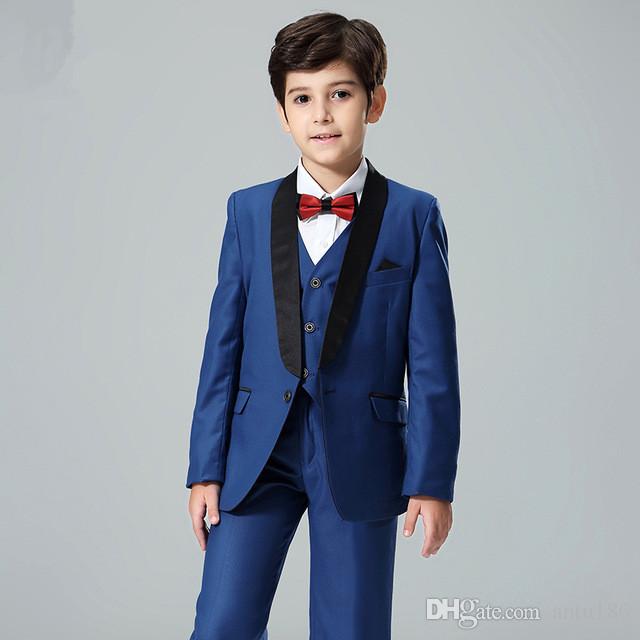 Navy Blue Boy's Formal Wear Shawl Lapel Kids Wedding Tuxedos One Button Flower Boys Suits Custom Made(Jacket+Vest+Pants)