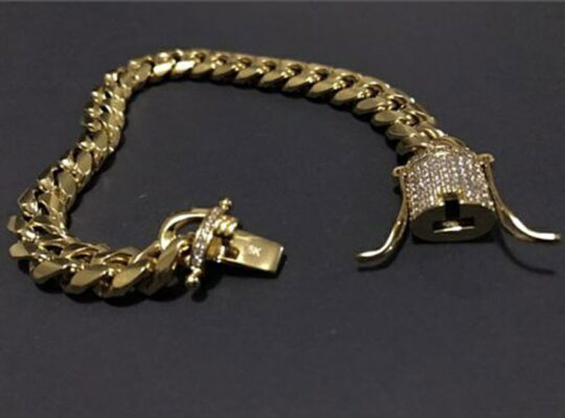 Mens Gold Tone 316L Stainless Steel Necklace Curb Cuban k Chain with Dias Clasp Lock 8mm/10mm/12mm/14mm/16mm/18m