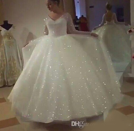 2020 Glitter Wedding Dresses with Long Sleeve V-neck Puffy Skirt Sparkly Backless Princess Garden Civil Sequined Bridal Gowns